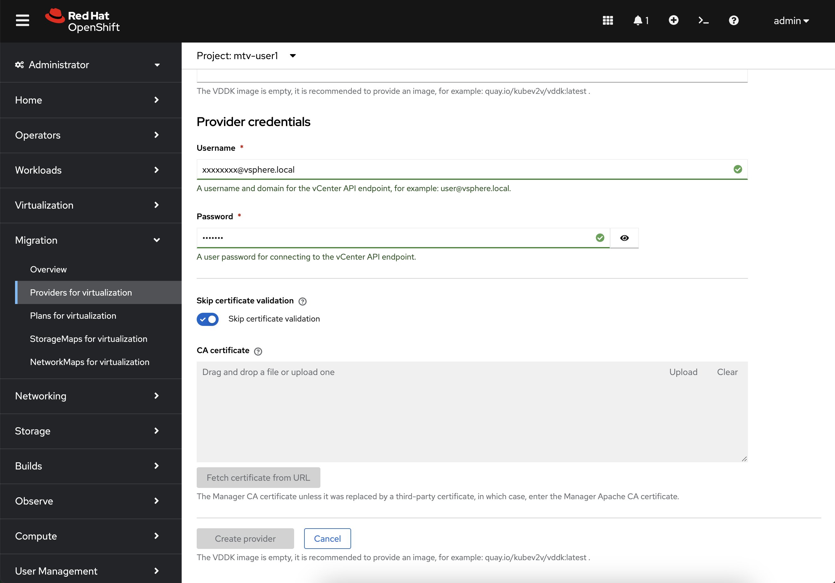 VMware vSphere provider screen in the Red Hat OpenShift web console.
