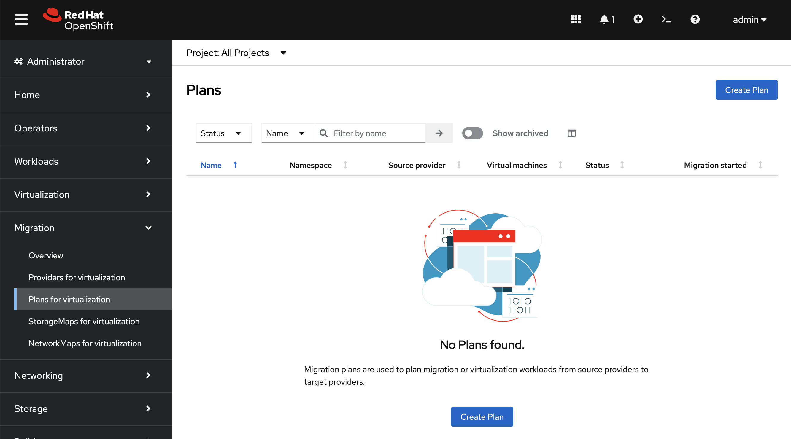 Create Plan screen in Red Hat OpenShift web console.