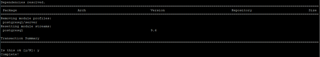 # yum module reset PostgreSQL #Resets postgresql module # yum module reset PostgreSQL #Resets postgresql module