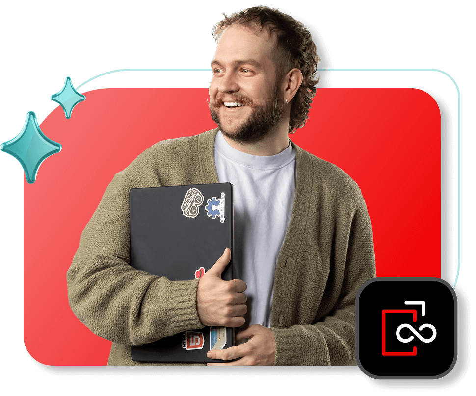 Collage eines Mannes, der einen Laptop mit dem Produktsymbol für Red Hat Advanced Developer Suite hält