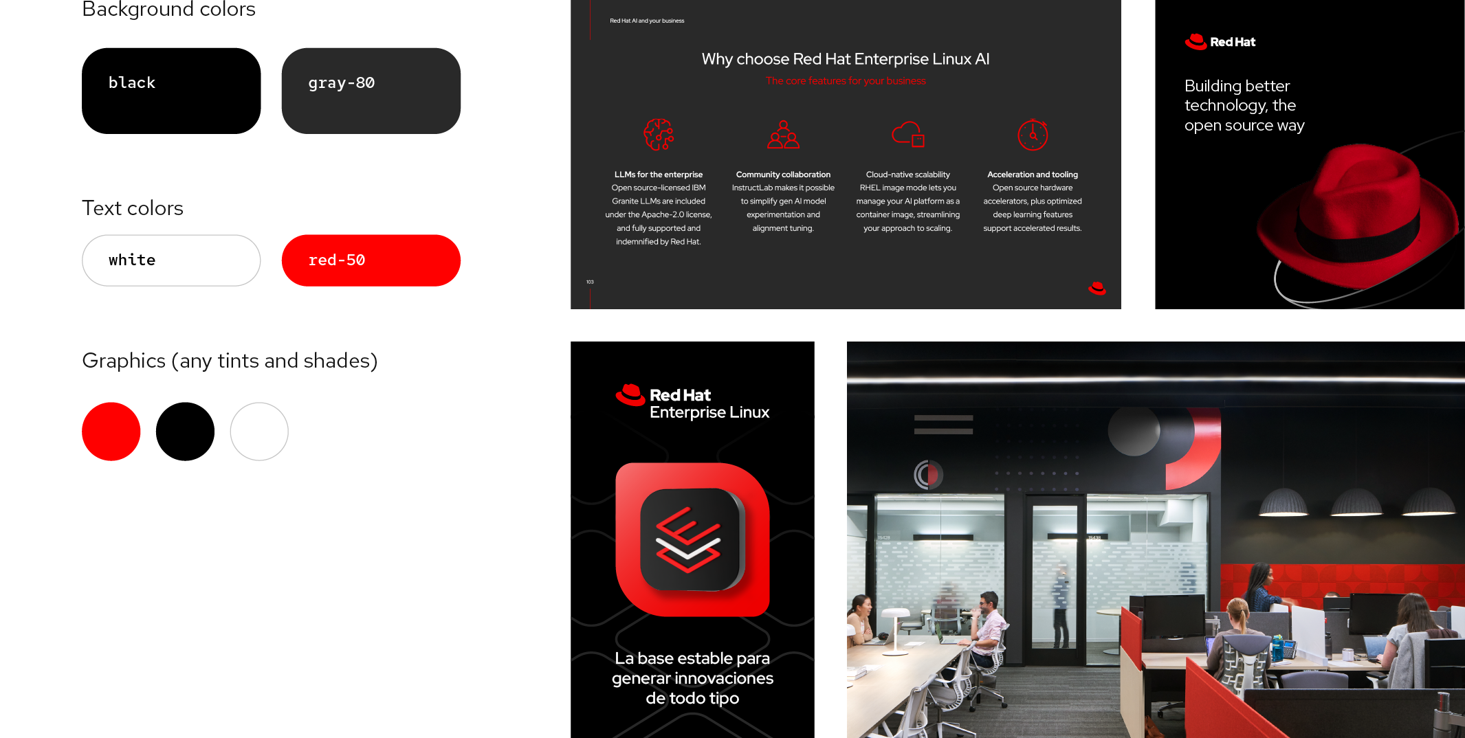 A color palette shows three ways to use colors in core dark applications. Backgrounds can be black or gray-80. Text can be white or red-50. Other graphics can be any tints or shades of Red Hat red, black, or white. To the right are 4 example images using the core dark color collection.