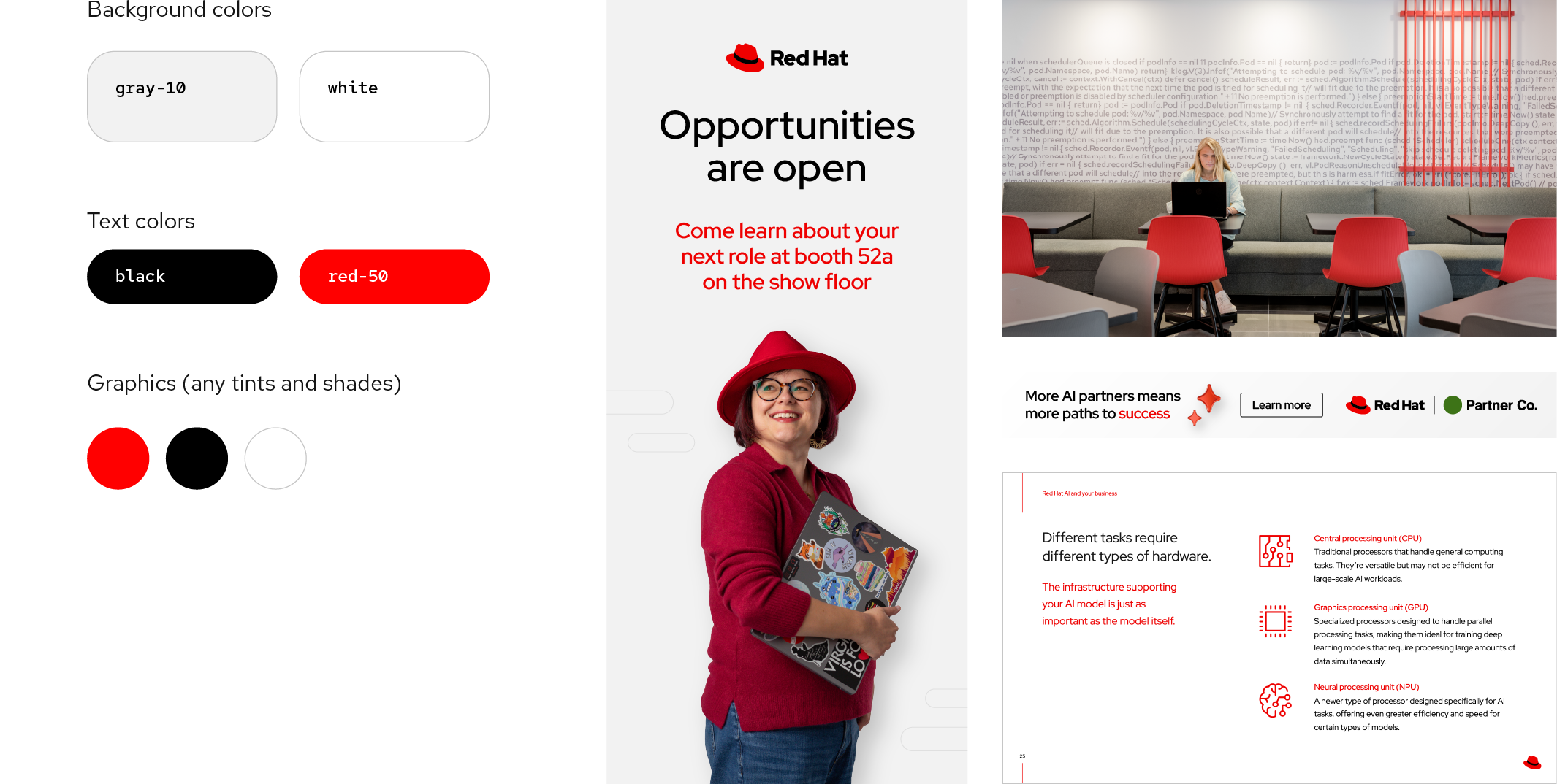 A color palette shows three ways to use colors in core light applications. Backgrounds can be gray-10 or white. Text can be black or red-50. Other graphics can be any tints or shades of Red Hat red, black, or white. To the right are 4 example images using the expressive dark color collection.