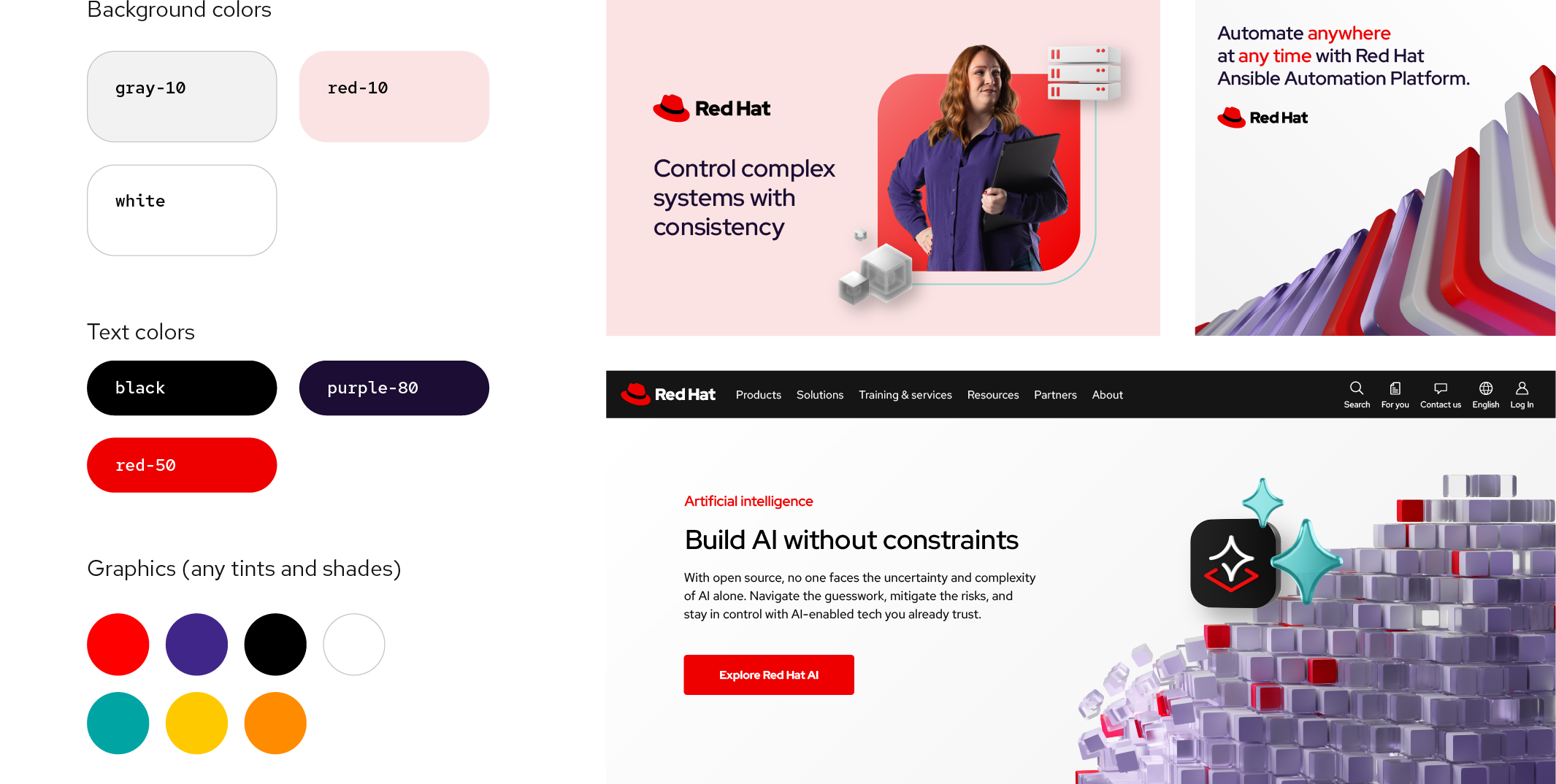 A color palette shows three ways to use colors in expressive light applications. Backgrounds can be gray-10, red-10, or white. Text can be black, purple-80, or red-50. Other graphics can be any tints or shades of Red Hat red, purple, black, white, teal, orange, and yellow. To the right are 3 example images using the expressive dark color collection.