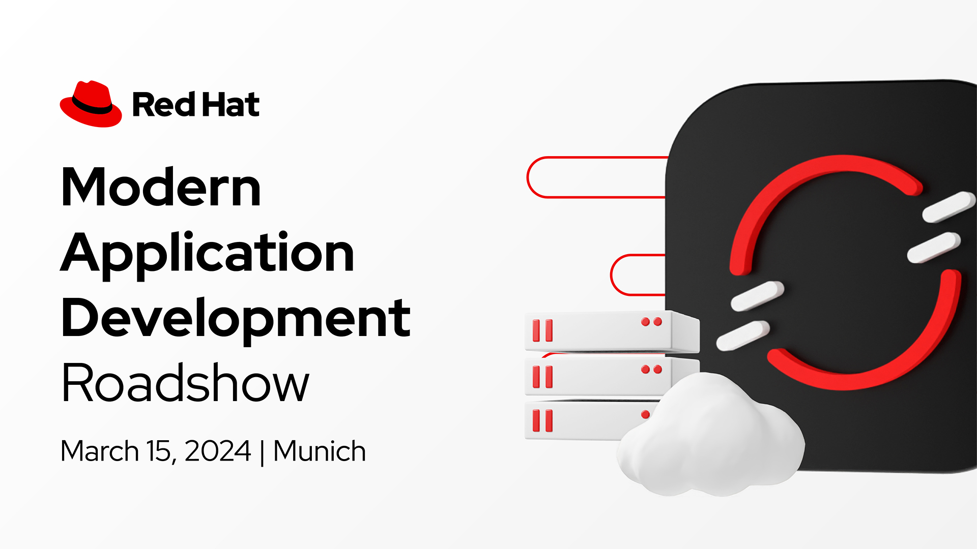 Anuncio para redes sociales de Modern Application Development Roadshow en el que se muestra el nombre del evento escrito en Red Hat Display
