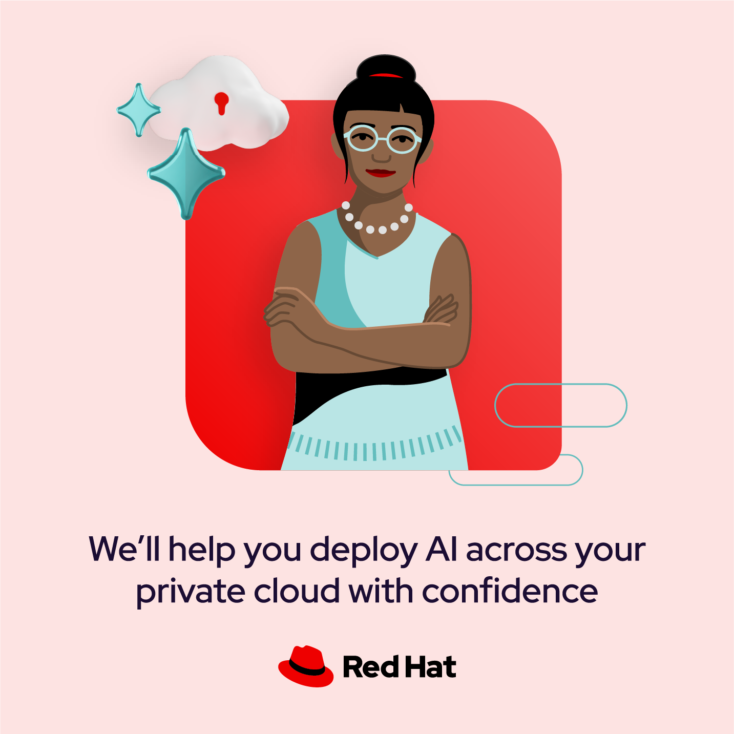 A collage features an illustrated woman wearing teal clothing placed on top of a red base shape. Around her there are private cloud and sparkle 3D objects floating around her.