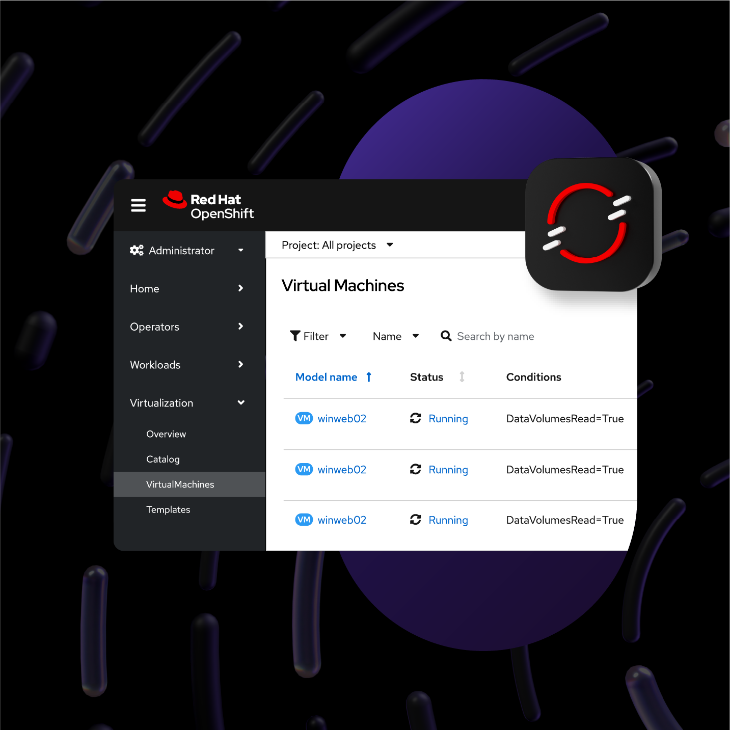 A collage featuring a visualization of an OpenShift interface, partially masked inside the pill base shape. Behind it is the tone-on-tone application development product art. The OpenShift technology icon floats in front of it.