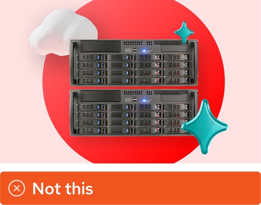 Image showing misuse: A collage features two photos of a server that have been cut out of a stock photo. The lighting on the servers does not match the lighting of the rest of the collage.