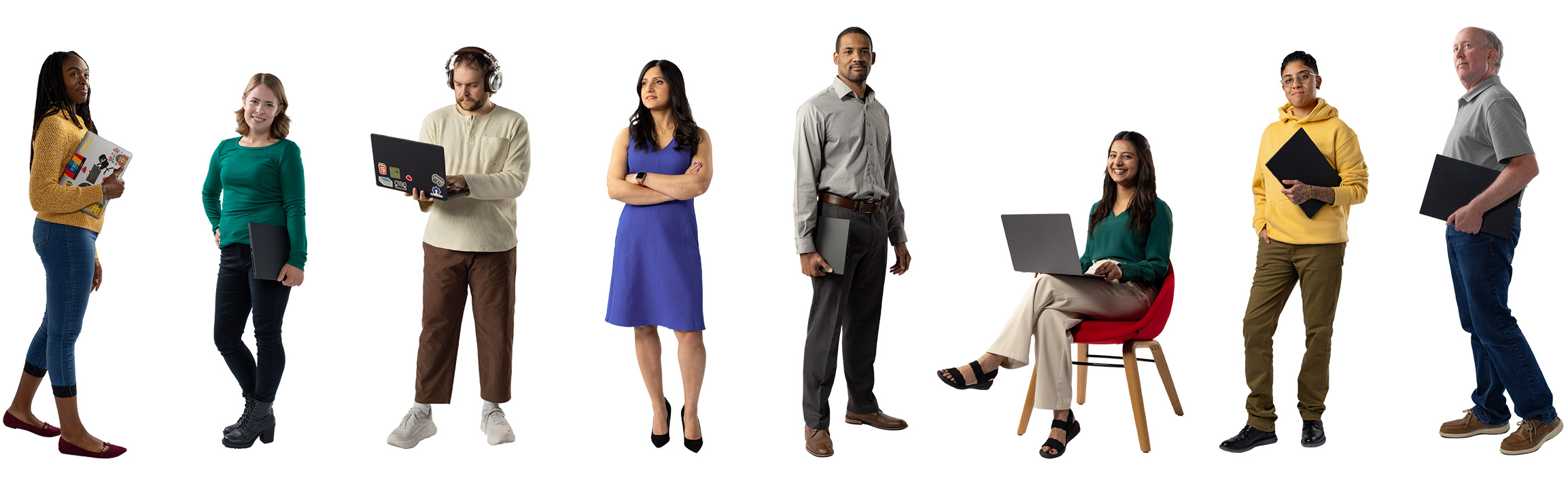 Eight studio portraits featuring various people wearing colors from the hybrid style color palette.