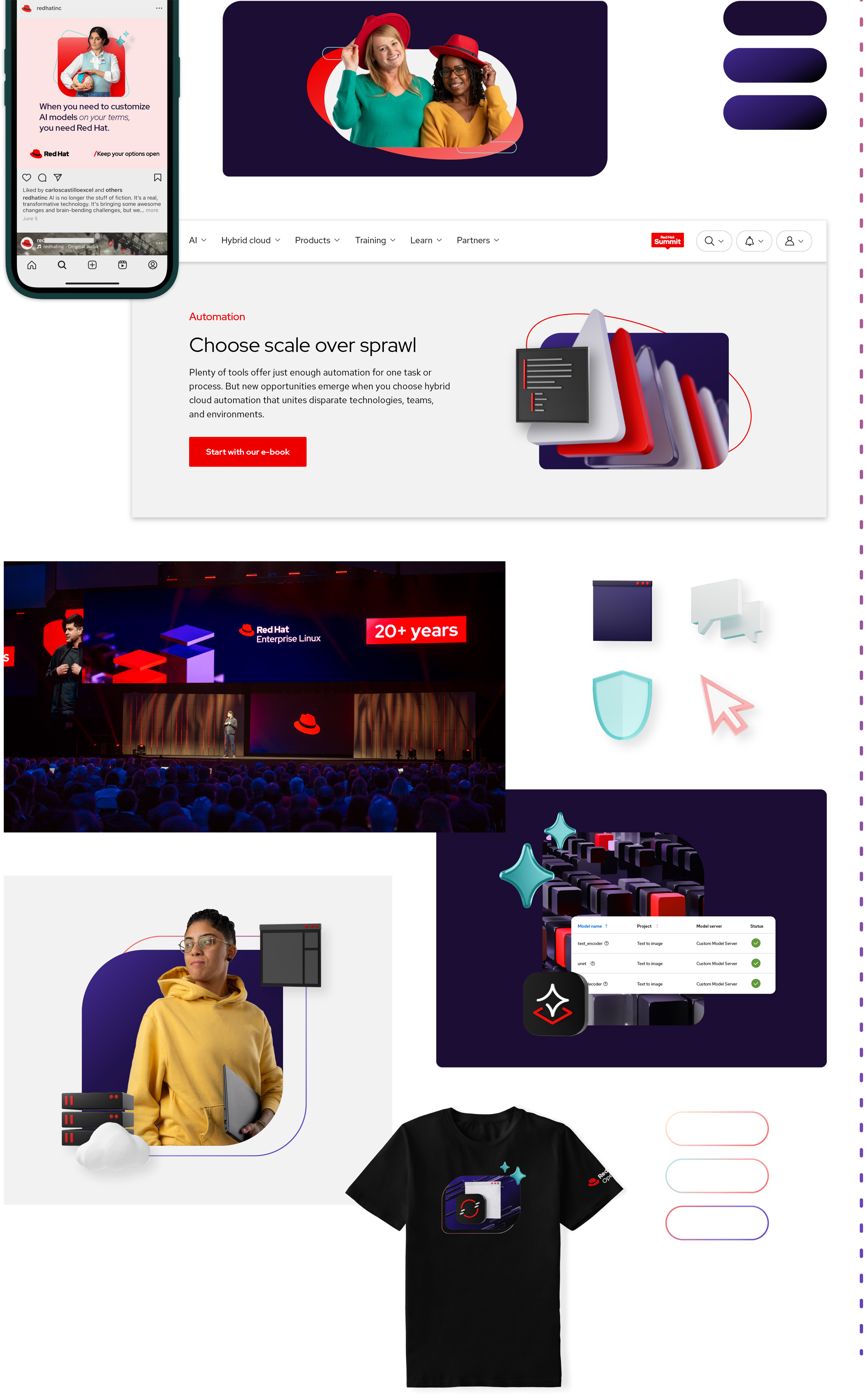 A spectrum of designs using the most expressive parts of the Red Hat design language.