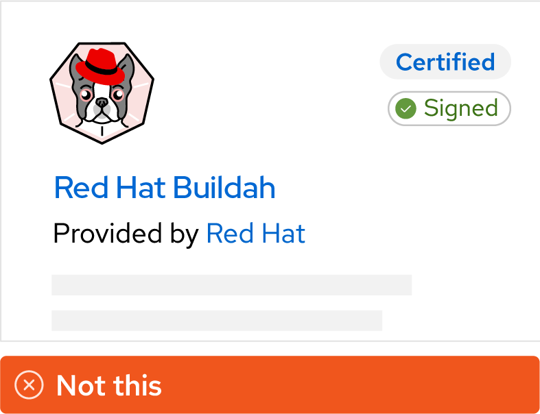 Image showing misuse: A screenshot of a marketplace listing shows a listing titled “Buildah” and marked as “Provided by Red Hat.” The listing image is a modified version of the Buildah community logo, showing a gray dog wearing the Red Hat fedora.
