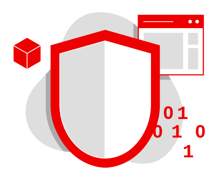 Red Hat graphic of floating cube, shield, numbers and screen