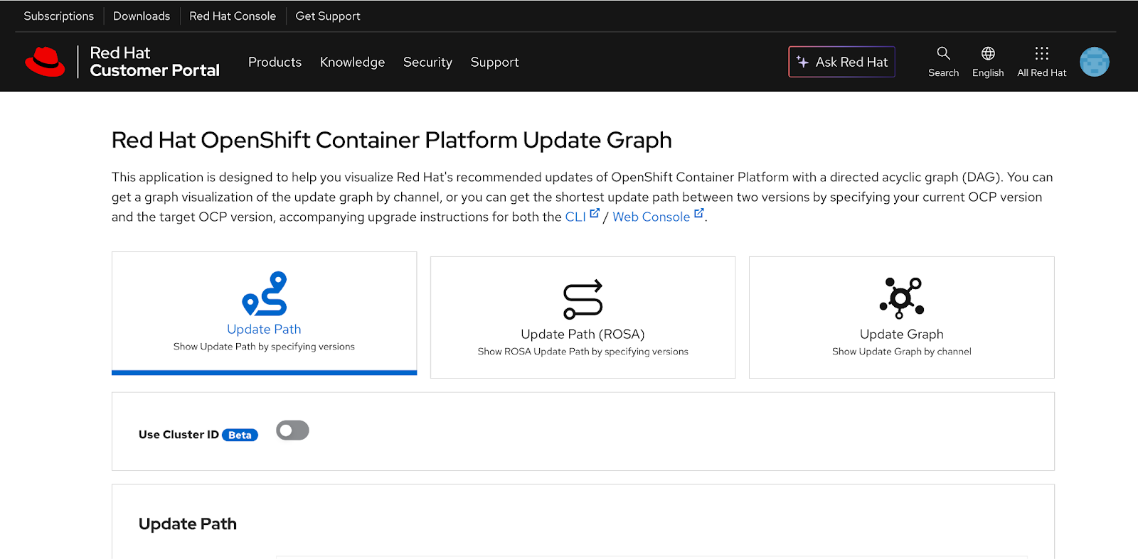 Red Hat OpenShift Container Platform Update Graph tool page