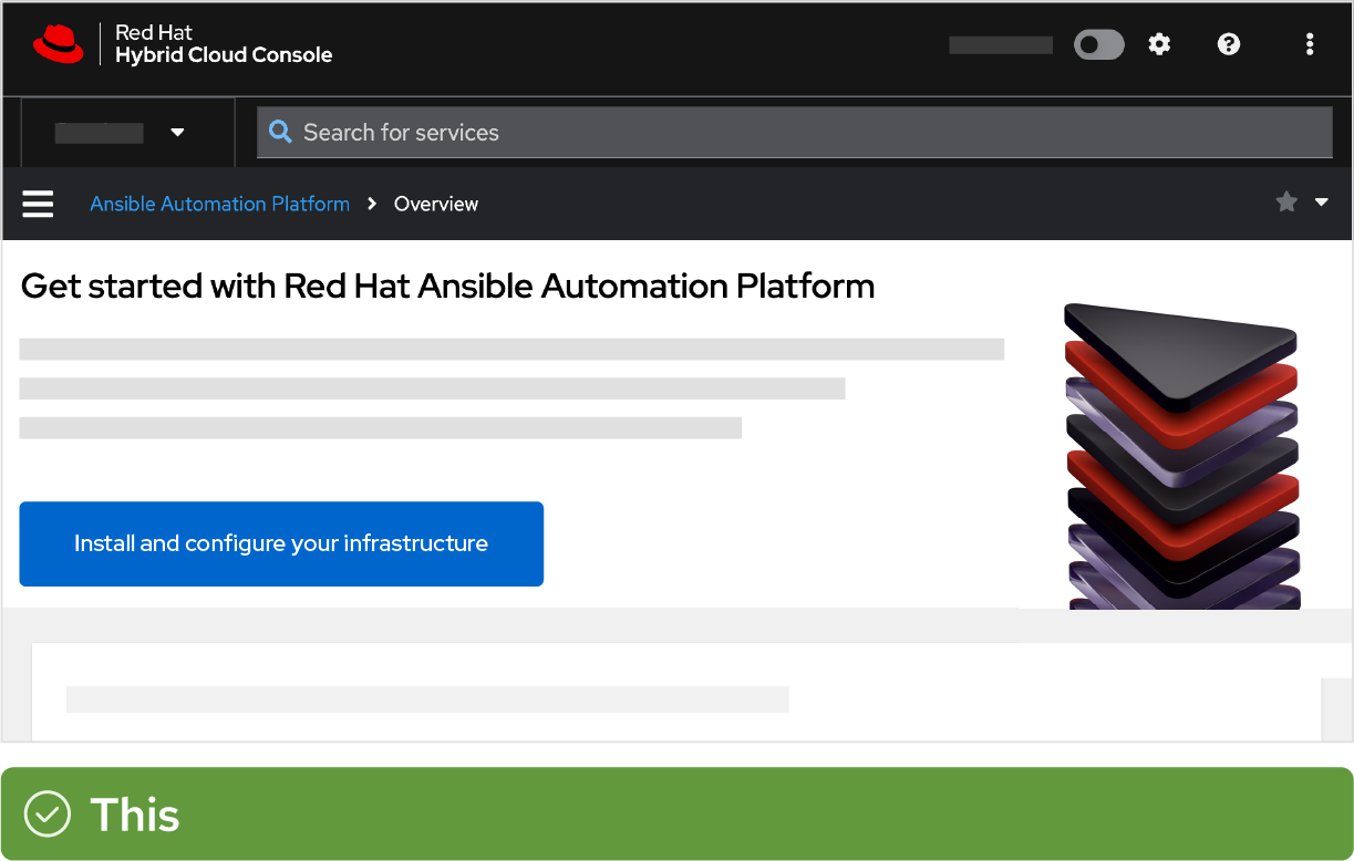 A screenshot of the Red Hat Ansible Automation Platform homepage on the Red Hat Hybrid Cloud Console. The page hero banner includes a description of the product on the left and decorative platform artwork for Ansible on the right.