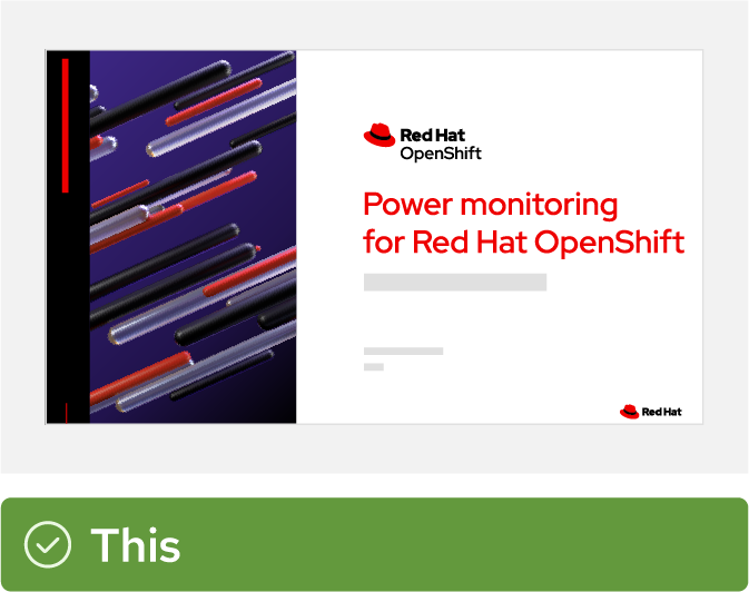A presentation title slide uses Red Hat OpenShift platform artwork with the title “Power monitoring for Red Hat OpenShift” and the technology icon for the power monitoring for Red Hat OpenShift component.