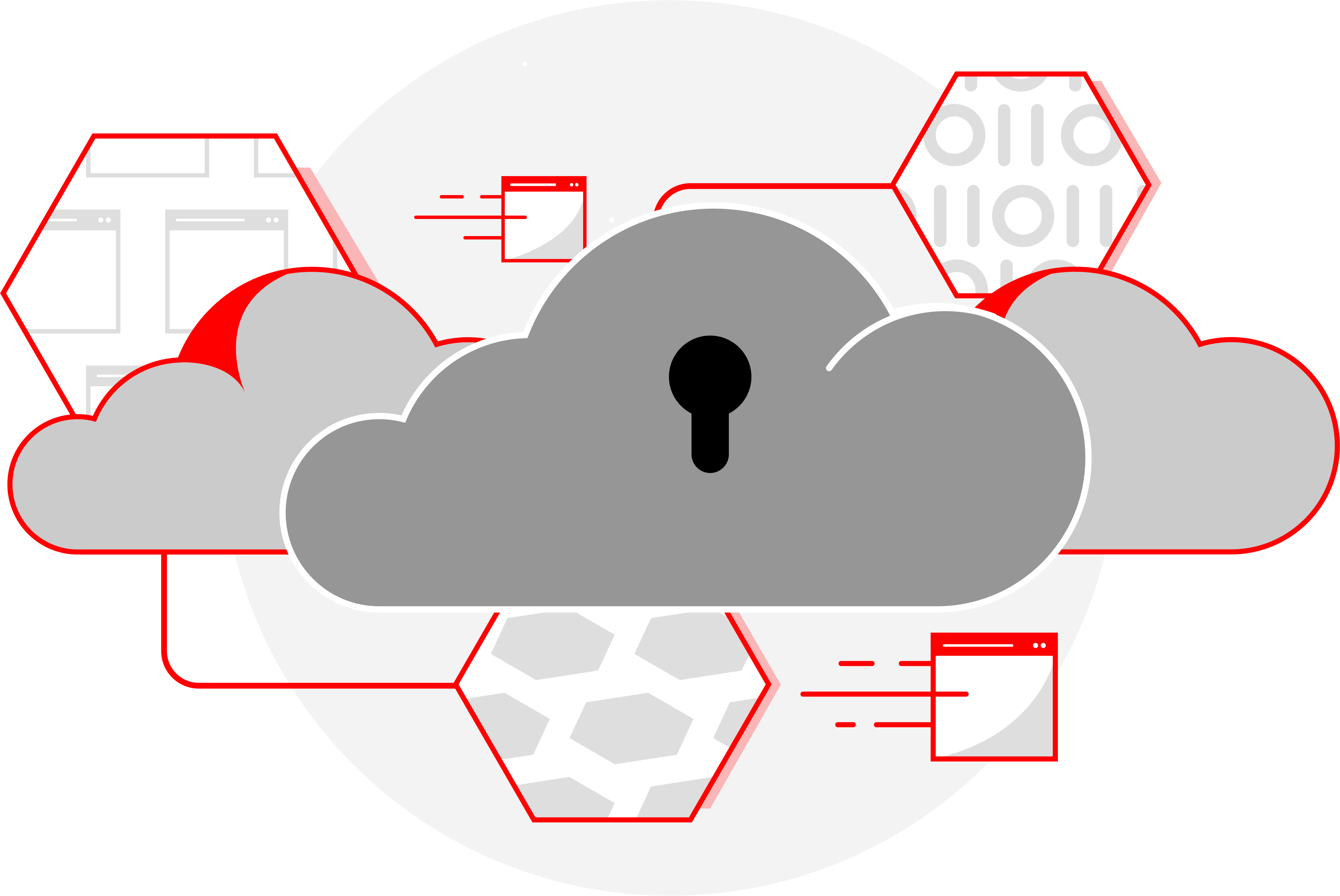 digital illustration. Clouds dominate the center of the image, central cloud has a keyhole. Hexagonal shapes in the background contain various digital icons and binary code