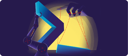 A human hand uses strings to control a robotic arm, like a puppet master