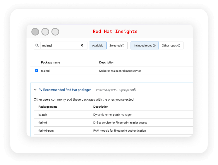 View of Red Hat Insights window showing recommended Red Hat packages powered by RHEL Lightspeed