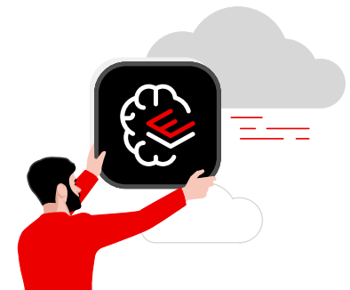 Image of person in red sweater holding brain icon with RHEL logo