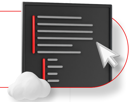 dark screen displaying lines of code with a white cursor pointing towards the screen and a white cloud icon