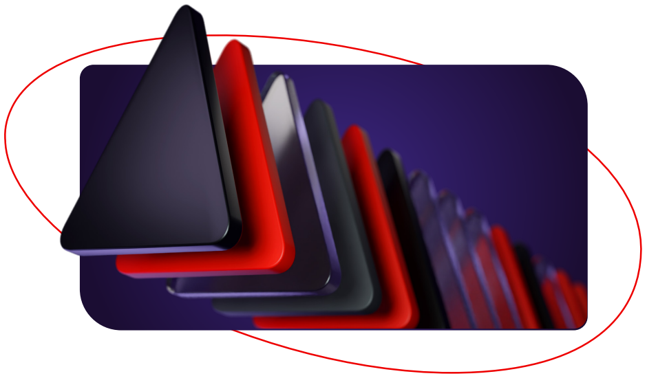 three-dimensional, rounded triangular shapes, primarily in black and red arranged in a receding line against a dark purple background, all framed by a red oval outline.