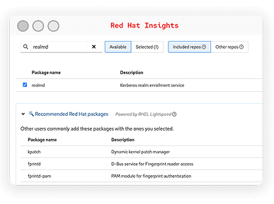 View of Red Hat Insights window showing recommended Red Hat packages powered by RHEL Lightspeed