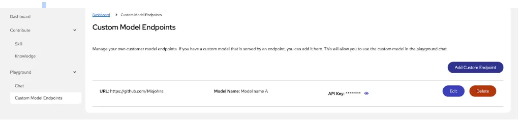 The custom model endpoints GUI in RHEL AI 1.4 Showing custom model endpoints GUI in RHEL AI 1.4