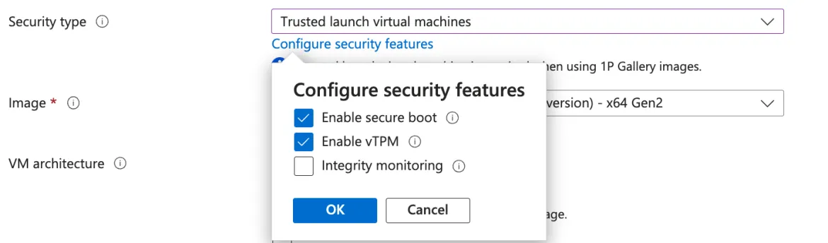 Screenshot showing how to enable Secure Boot in the security CVM in Microsoft Azure.