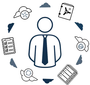 Multiple icons forming a circle around a business man icon Multiple icons forming a circle around a business man icon