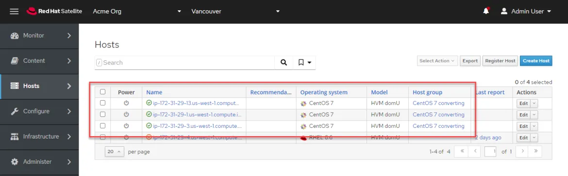 In the Hosts menu, you see all your CentOS hosts registered to Satellite. In the Hosts menu, you see all your CentOS hosts registered to Satellite.