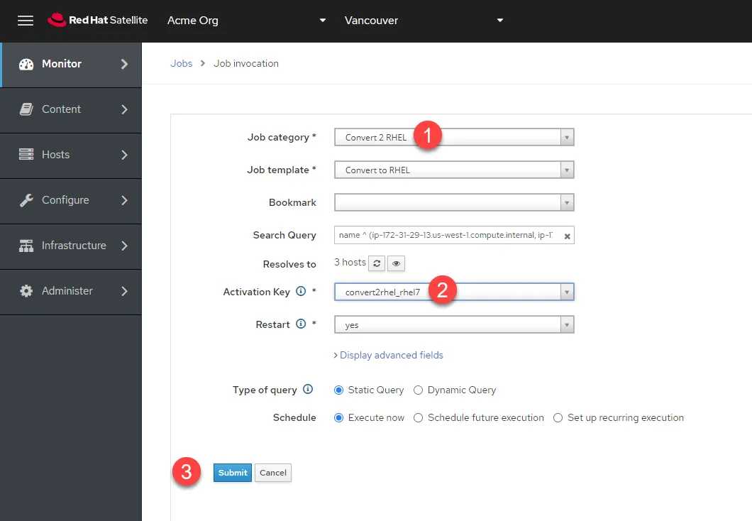 Click "Submit" to start the bulk Convert2RHEL operation. Click "Submit" to start the bulk Convert2RHEL operation.
