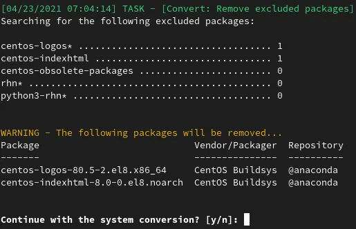 fig 1 convert2rhel lists the excluded packages fig 1 convert2rhel lists the excluded packages