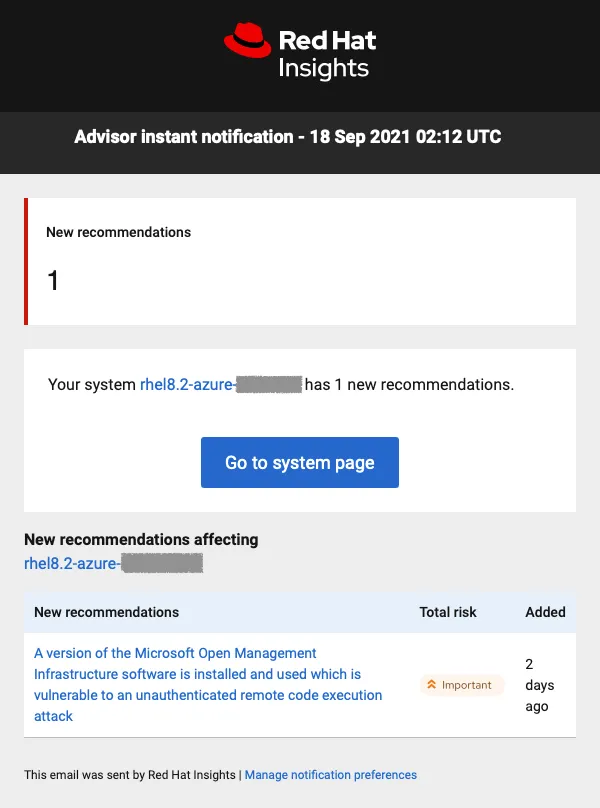 Insights Advisor instant notification