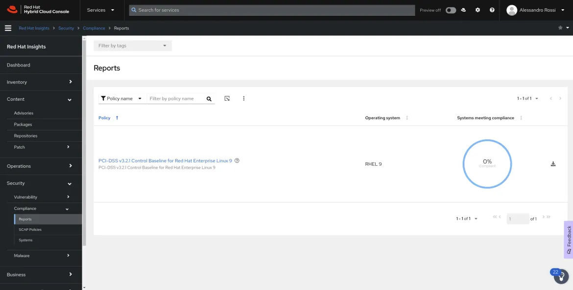 Screenshot of Red Hat Insights Security > Reports tab