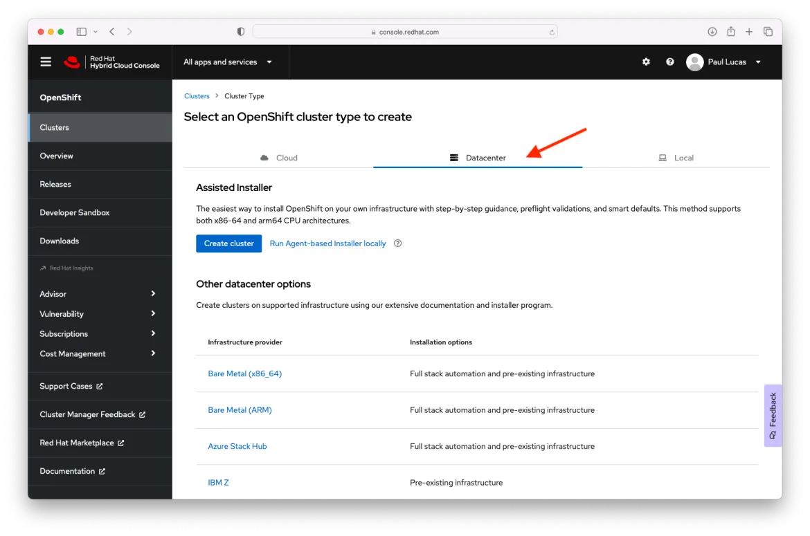 OpenShift Console cluster type datacenter tab