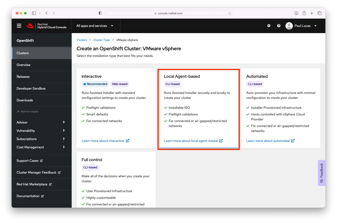 OpenShift console cluster type tab Local agent-based tile