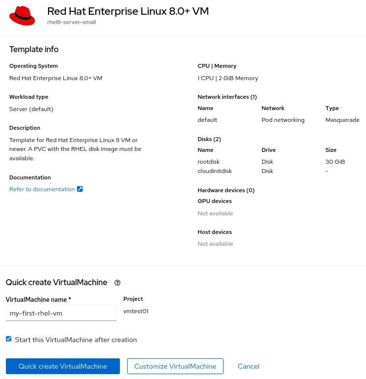 Quick create VirtualMachine screen Quick create VirtualMachine screen