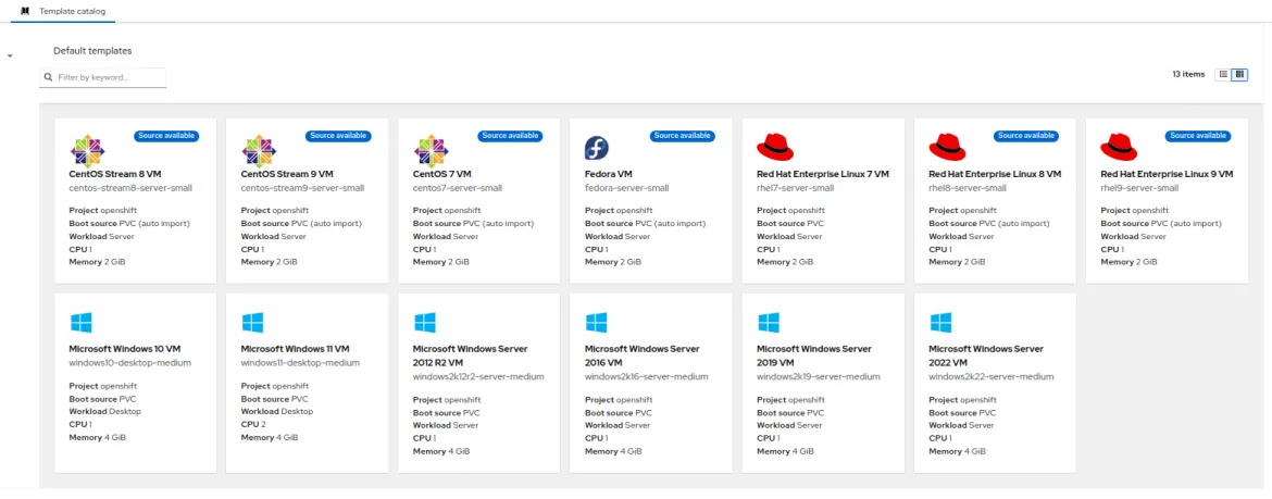 red-hat-openshift-virtualization-image05 The built in template catalog allows for rapid deployment of virtual machines.