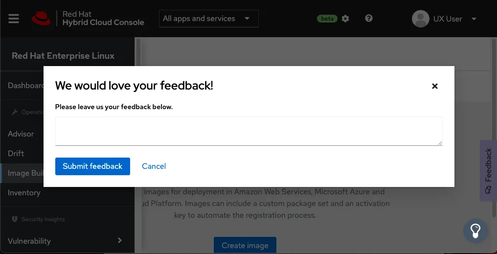 RHEL image builder service feedback form RHEL image builder service feedback form
