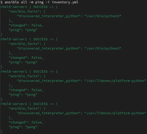 Example command telling Ansible to use the ping module, the inventory file named inventory.yml and to connect to all of the hosts defined in the inventory Example command telling Ansible to use the ping module, the inventory file named inventory.yml and to connect to all of the hosts defined in the inventory