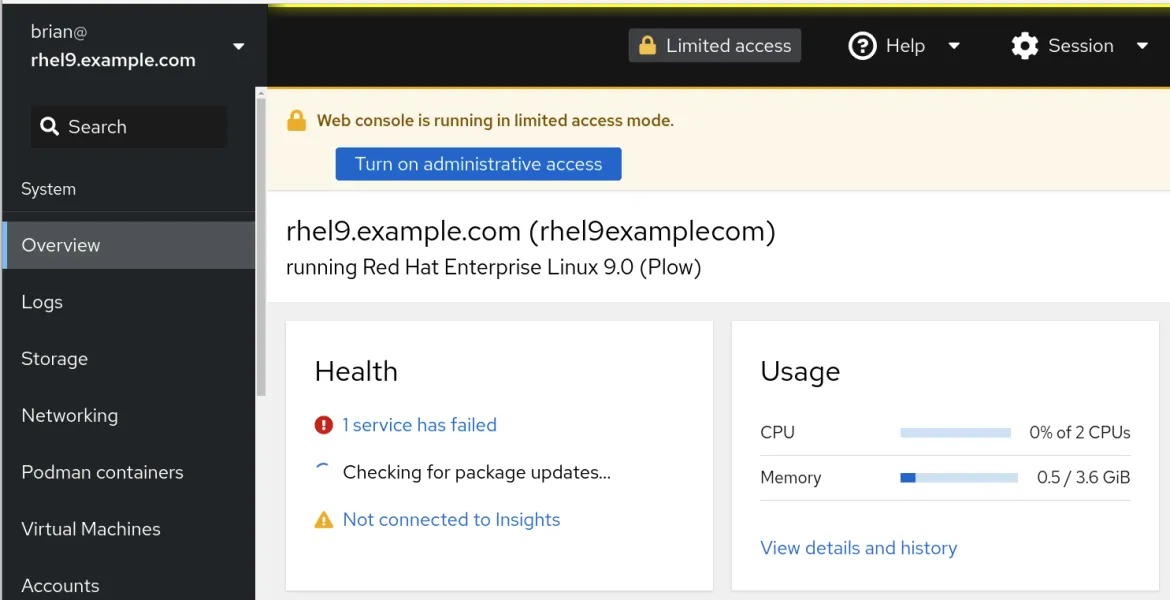 RHEL web console host overview screen RHEL web console host overview screen