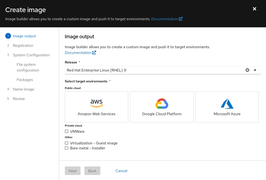 Create Image initial landing page
