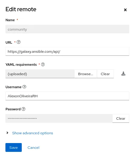 Automation Hub Edit Remote Repo Screen
