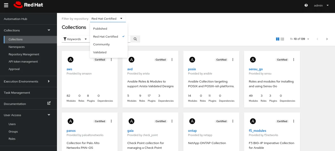 Automation Hub Red Hat certified collections
