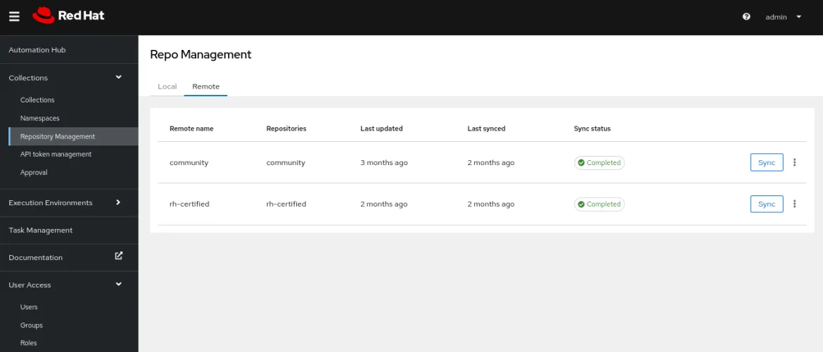 Automation Hub Repo Management Screen